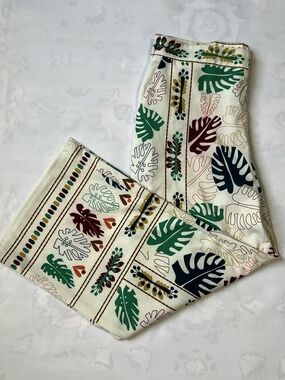Ivivi‎ Tropical Monstera Leaf Print Wide Leg Pants Ivory Green Large High Rise